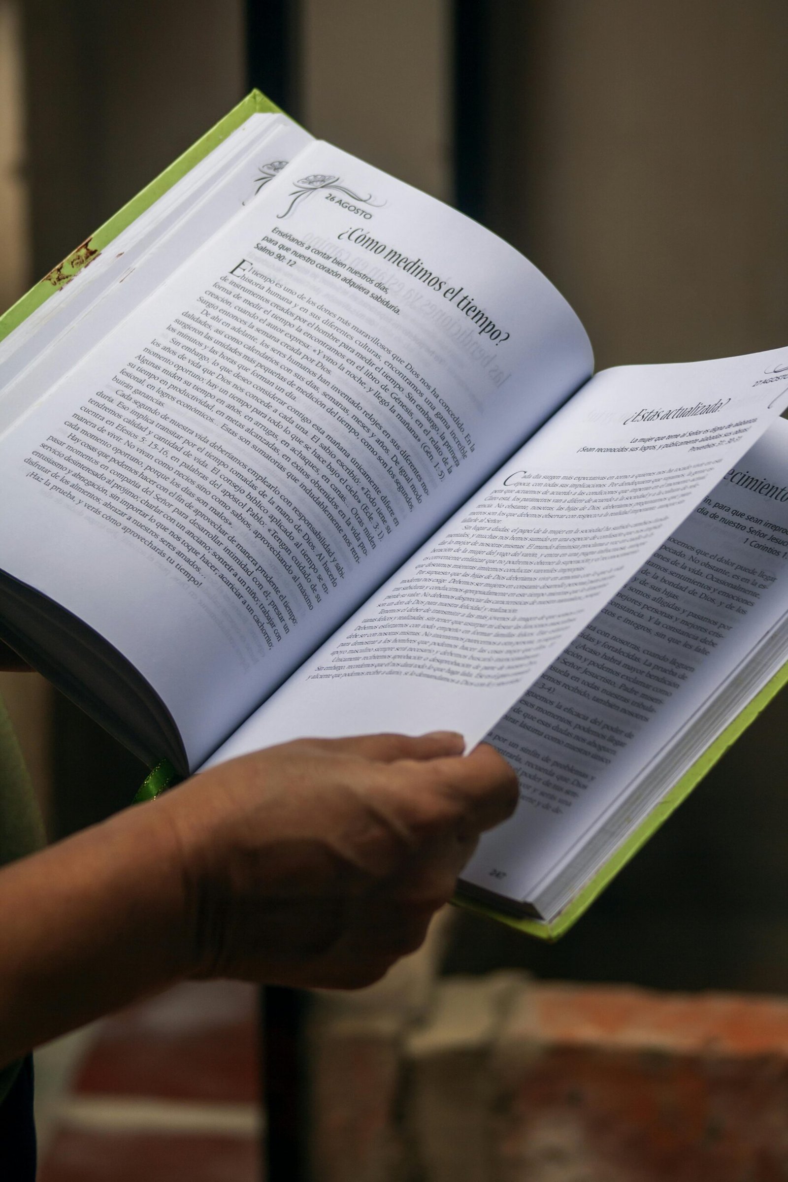 Detailed close-up of a hand holding an open book, text in focus.